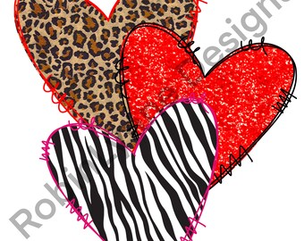 Leopard, zebra, red glitter, hearts, Valentines Day, Png Sublimation Digital Download