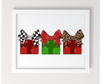 Three Christmas presents with red, checkered, and leopard print bows. PNG, digital download, sublimation