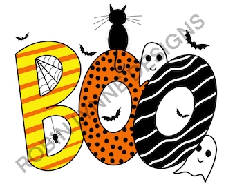 Boo with Halloween colors and drawings Png Sublimation Digital Download