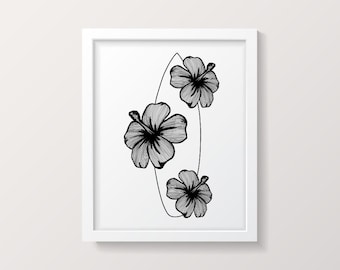 Black and White Hibiscus Flower and Surfboard Line Art Print Printable