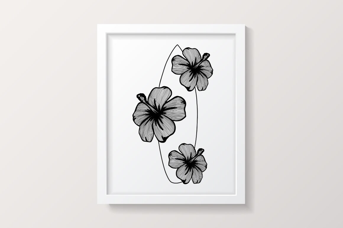 モノクロ原画 花❁❀✿✾ Black and White Hibiscus Flower and Surfboard Line Art Print