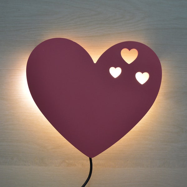 Nursery lamp, wall lamp for nursery decor. Heart lamp, baby nightlight for nursery wall decor. Pink lamp for baby nursery, wood lamp of led