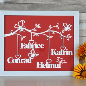 Personalized family frame, a papercut tree with frame. A personalized gift to decorate the wall, with family names. Family tree in paper cut image 1