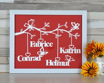 Cornice di famiglia personalizzato, un albero di papercut con telaio. Un regalo personalizzato per decorare la parete, con nomi di famiglia. Albero di famiglia in carta tagliata