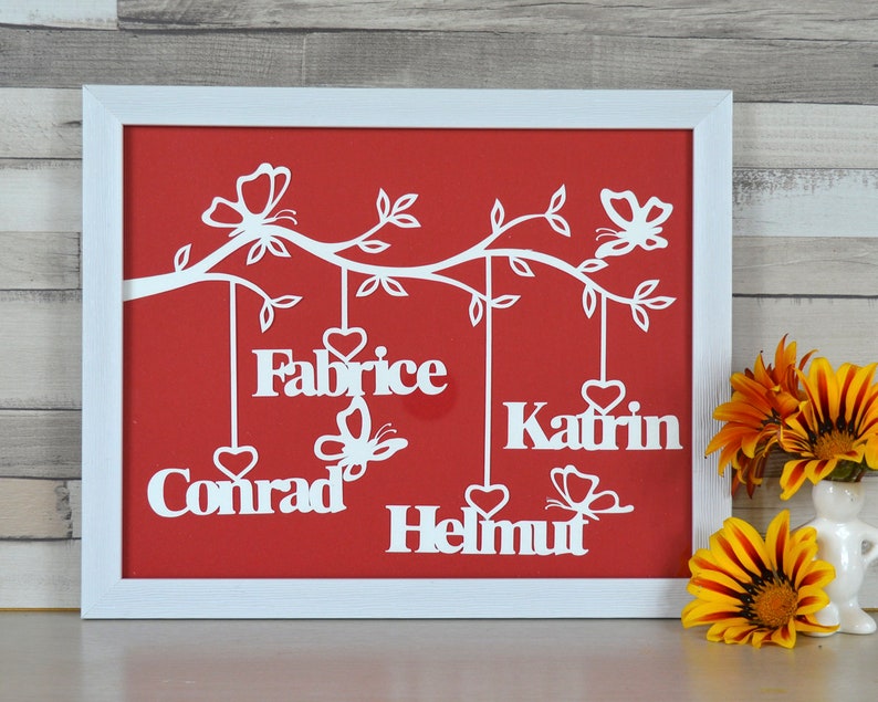 Personalized family frame, a papercut tree with frame. A personalized gift to decorate the wall, with family names. Family tree in paper cut image 1