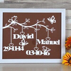 Personalized family frame, a papercut tree with frame. A personalized gift to decorate the wall, with family names. Family tree in paper cut image 3