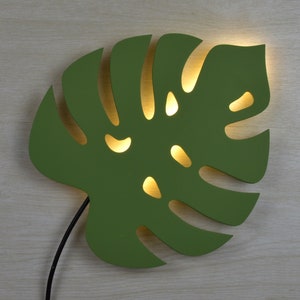 Wall lamp for home decor. Natural lamp Monstera, wood nightlight for wall decor. Green lamp for baby nursery, wooden lamp.