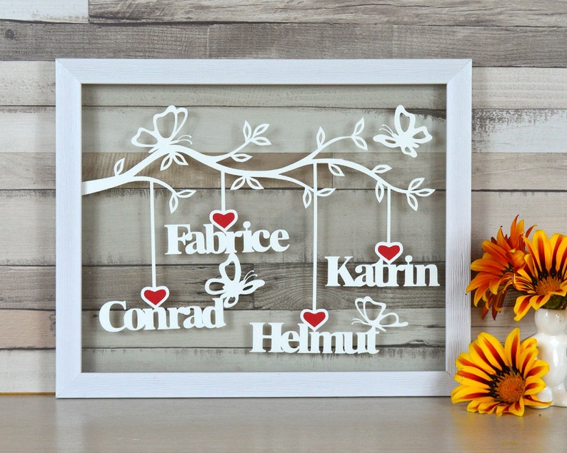 Personalized family frame, a papercut tree with frame. A personalized gift to decorate the wall, with family names. Family tree in paper cut image 1