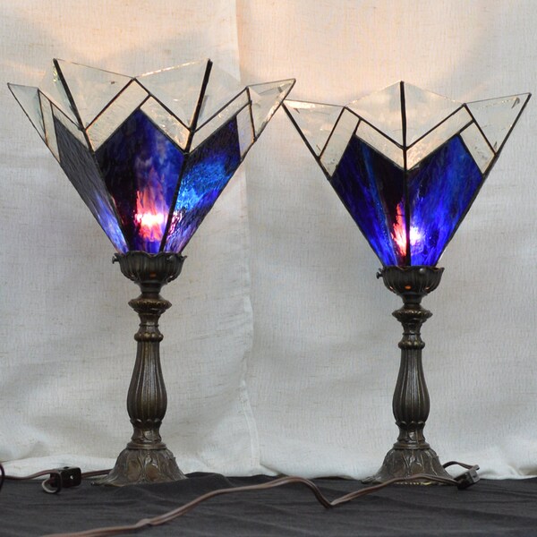 Pair of Torchier Style Stained Glass Lamps