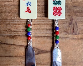 Mahjong Cocktail Spreaders: Stainless Steel, Acrylic Tiles, Beaded Wire