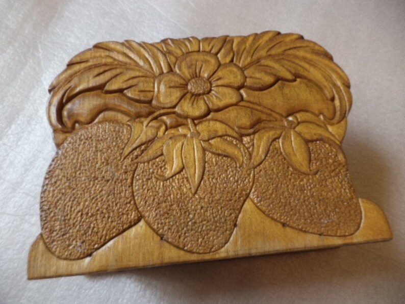 Vintage Wood Napkin Holder Hand Carved Strawberry Floral Etsy