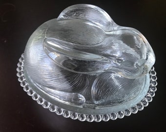 Nesting Bunny Butter Candy Dish 7 Inch Clear Glass Basket Weave Pattern