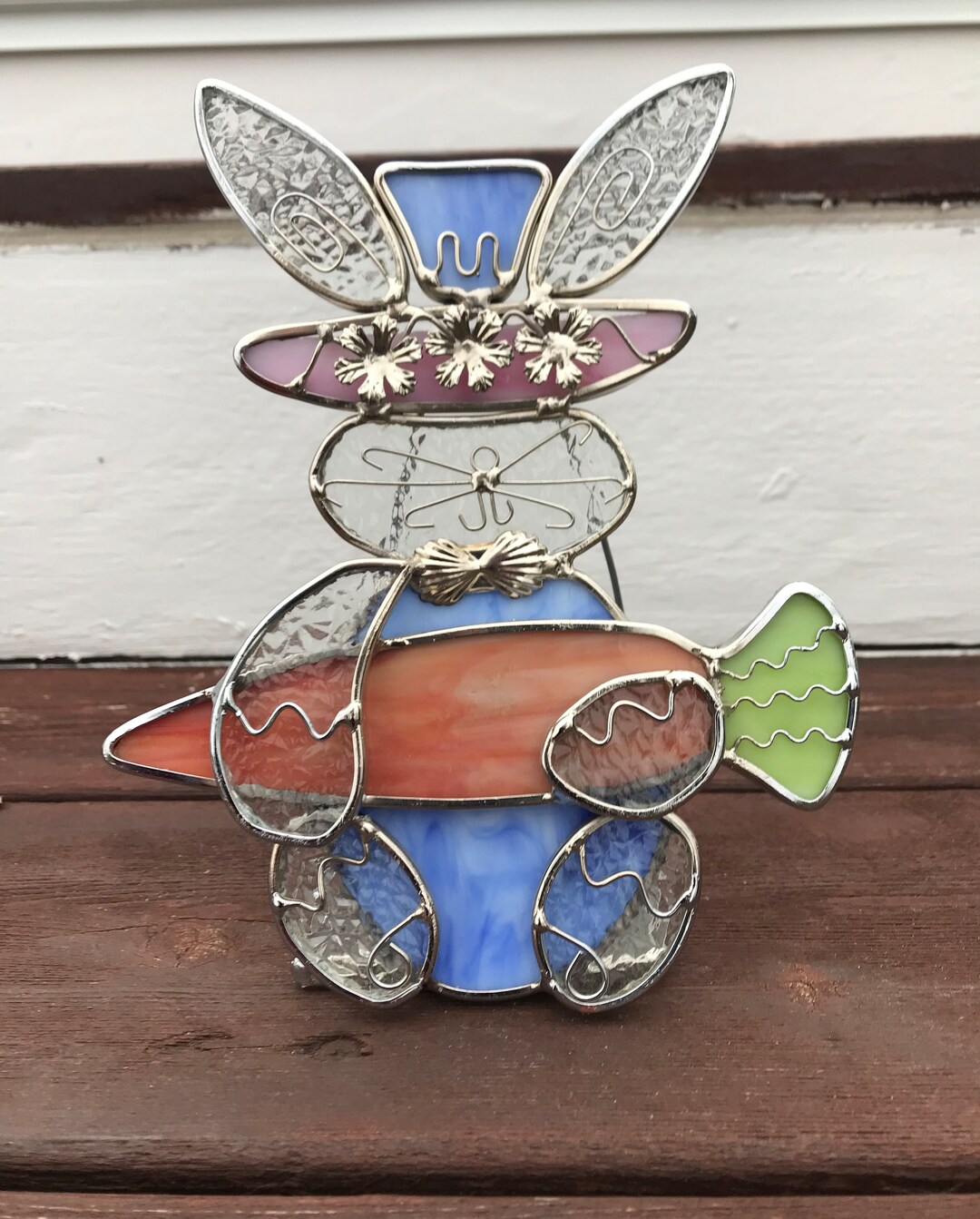 Stained Glass Bunny Tea Light Holder Colorful 7 Inch Unique Silver