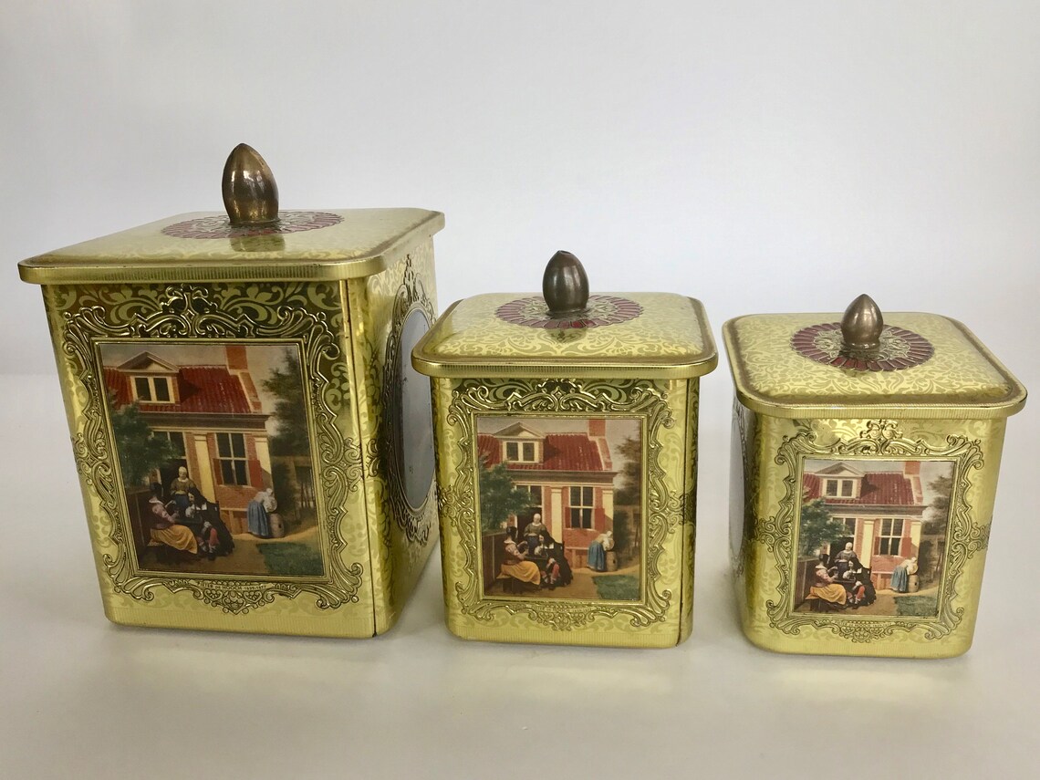 Vintage Holland Set 3 Gold Canisters Embossed Victorian Theme Etsy