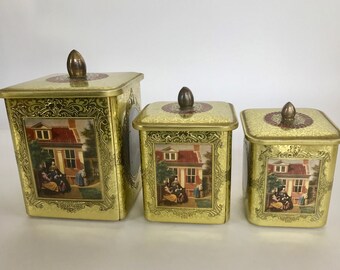 Vintage Holland Set 3 Gold Canisters Embossed Victorian Theme Unique