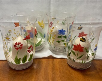 Set 4 Hand Painted Floral Folk Art 5in Clear Glass Candle Holders