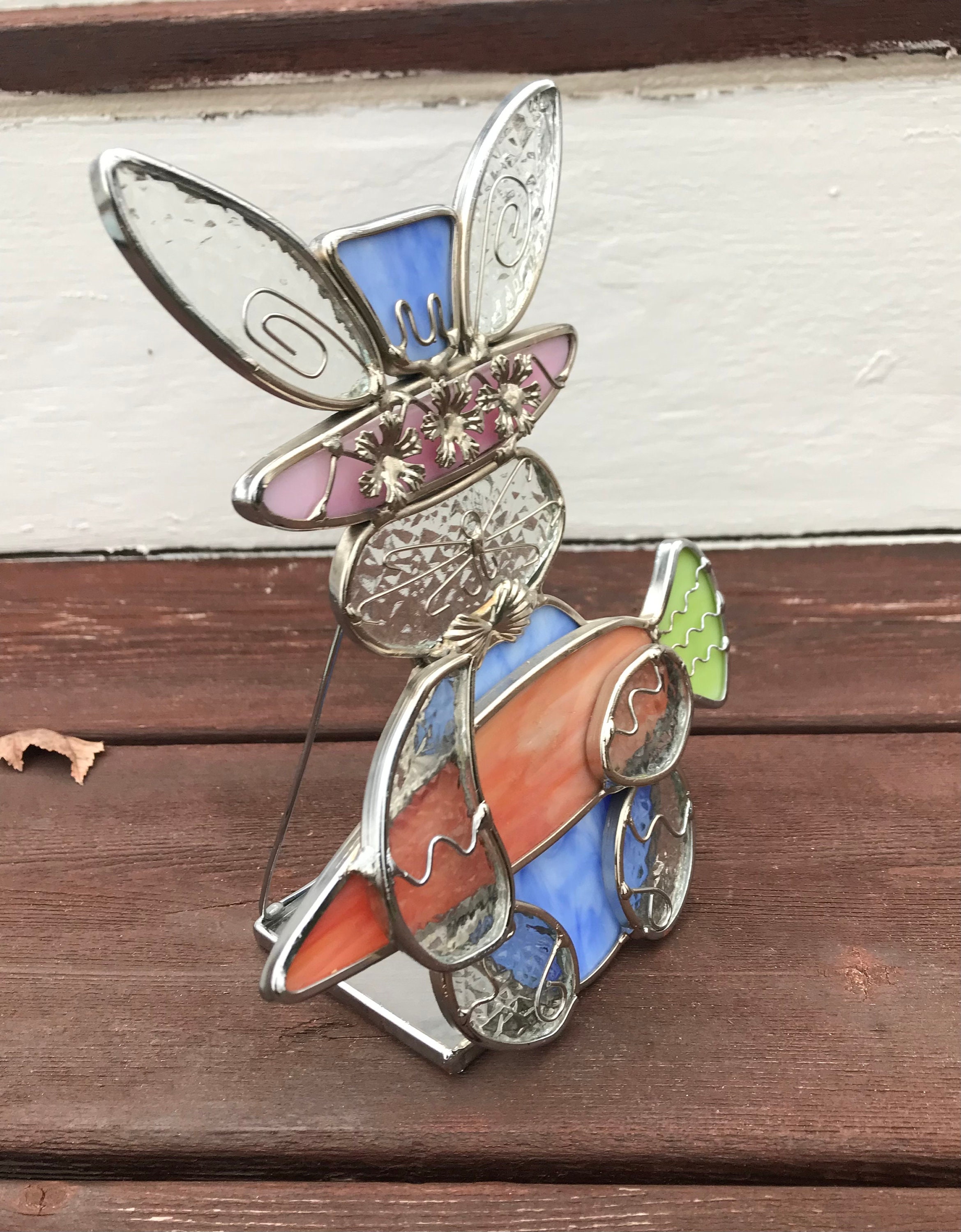 Stained Glass Bunny Tea Light Holder Colorful 7 Inch Unique Silver