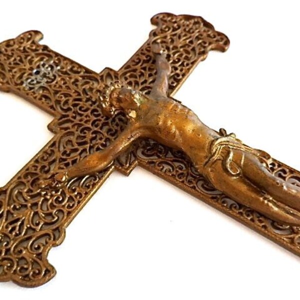 Vintage Filigree Pewter Bronze Crucifix 8in Very Ornate Religious Catholic Jesus