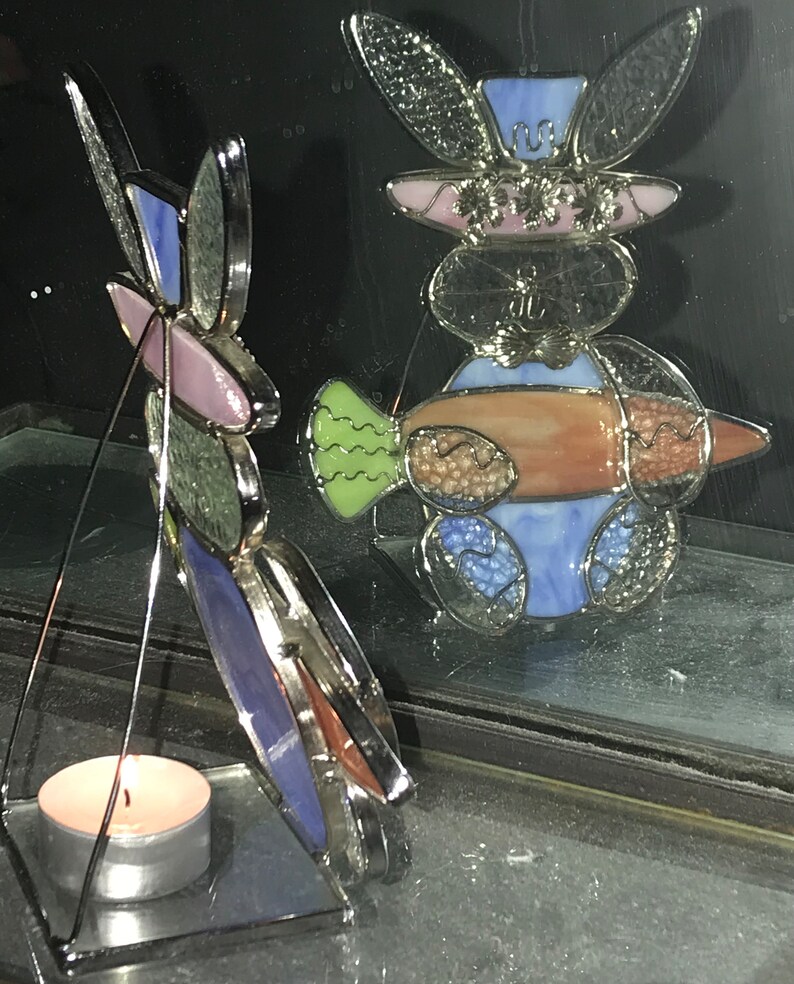Stained Glass Bunny Tea Light Holder Colorful 7 Inch Unique Etsy