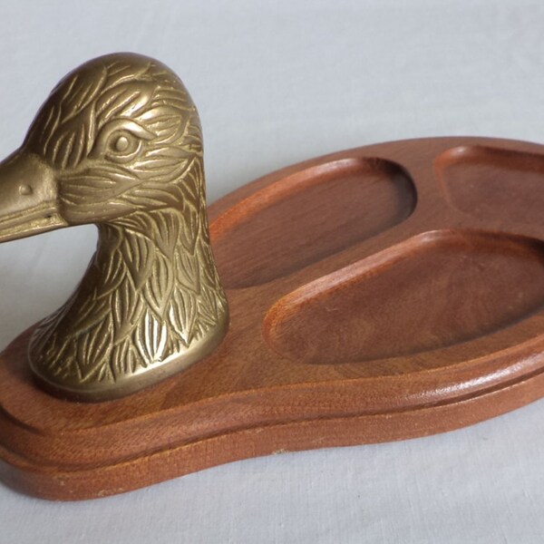 Vintage handcrafted mens valet tray brass duck head walnut wood ornate jewelry holder