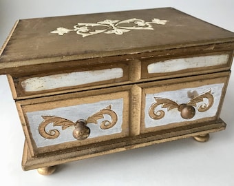Vintage Japan Music Jewelry Box Footed Solid Wood Distressed Gold Carvings Take Me To The Moon