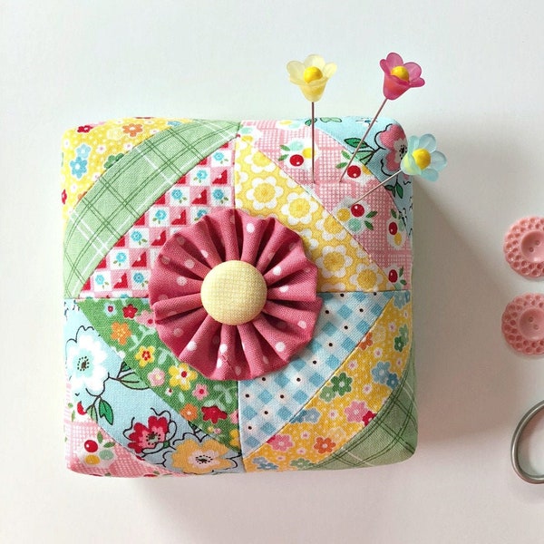 Scrappy Strips Patchwork Pincushion - Sewing Accessory -with Crushed Walnut Shells - 3 Flower Pins - Christmas Gift From Curry Bungalow