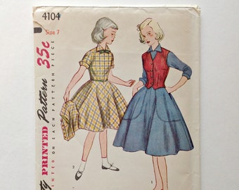 Vintage Simplicity 4104 -  Girls One Piece Dress and Weskit - Size 7 - Dated 1952 - UNCUT