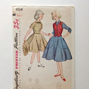 Vintage Simplicity 4104 Girls One Piece Dress and Weskit Size 7 Dated 1952 UNCUT image 1