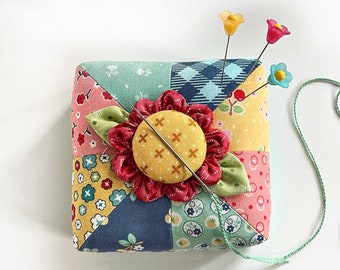 Patchwork Pincushion with Needle Minder, Lori Holt Fabrics, Filled With Crushed Walnut Shells, Three Flower Pins from Curry Bungalow