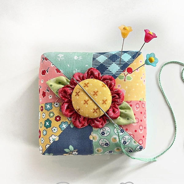 Patchwork Pincushion with Needle Minder, Lori Holt Fabrics, Filled With Crushed Walnut Shells, Three Flower Pins from Curry Bungalow