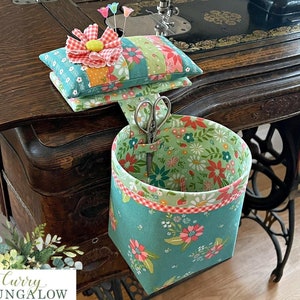 Thread Catcher w/ Detachable Pincushion, Sew In Style Scrap Catcher, Strawberry Lemonade Fabric, Scissor Holder, Flower Pins, Curry Bungalow