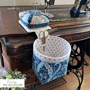 Thread Catcher with Detachable Patchwork Pincushion, Needle Minder, Laundry Basket Fabrics, Scissor Holder, 3 Flower Pins, Curry Bungalow