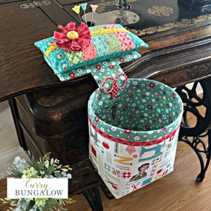 Thread Catcher with Detachable Pincushion, Sew In Style, Scrap Catcher, Scissor Holder, 3 Flower Pins,  Gift Idea,  Curry Bungalow