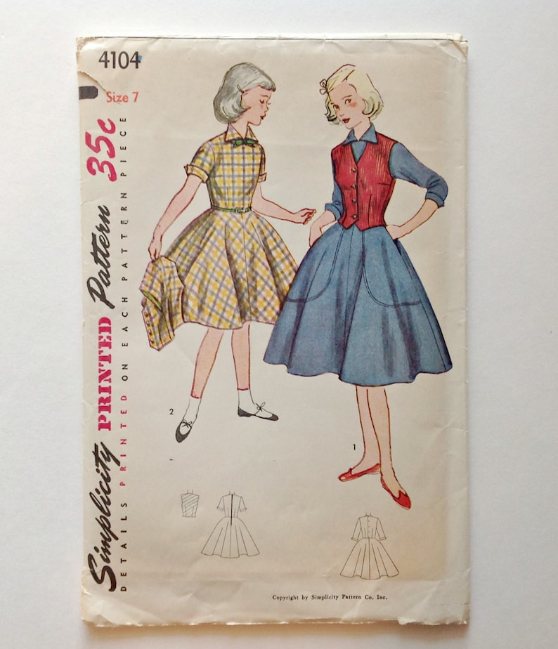 Vintage Simplicity 4104 Girls One Piece Dress and Weskit Size 7 Dated 1952 UNCUT image 1