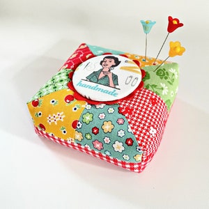 Patchwork Pincushion with Needle Minder, Lori Holt Fabrics, Filled With Crushed Walnut Shells, Three Flower Pins from Curry Bungalow image 4