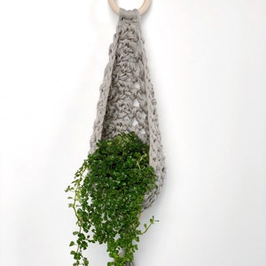 May include: A gray crocheted hanging planter with a wooden ring at the top, holding a green plant with trailing vines.