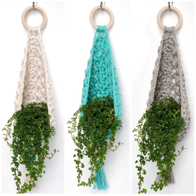 May include: Three hanging plant holders made of crocheted macrame in white, turquoise, and gray. Each holder has a wooden ring at the top and a plant with green leaves hanging from it.