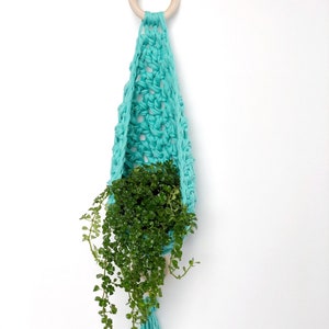 May include: A turquoise crocheted plant hanger with a wooden ring at the top and a small green plant hanging inside.