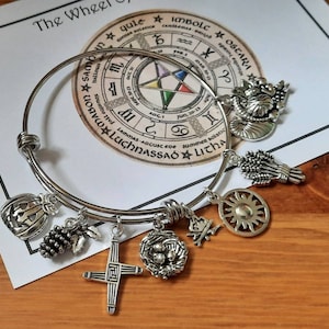 Wheel of the Year Charm Bangle Bracelet, Pagan, Wiccan, Expandable Samhain, Yule, Imbolc, Ostara, Beltane, Litha, Lammas, Mabon Sabbats