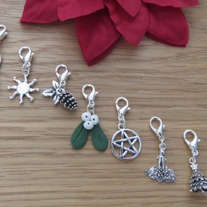 Yule Winter Solstice Clip Charms set of 7 Goddess Sun, Holly with Pinecone Mistletoe Pentagram Yule Candle and Yule Tree Wiccan Pagan