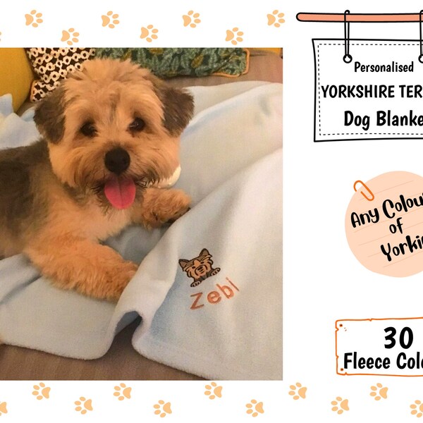 YORKSHIRE TERRIER, Custom Made Personalised Embroidered Dog Blanket, With Name And Dog Image, Soft Fleece Pet Blanket, Yorkie Puppy Dog Gift