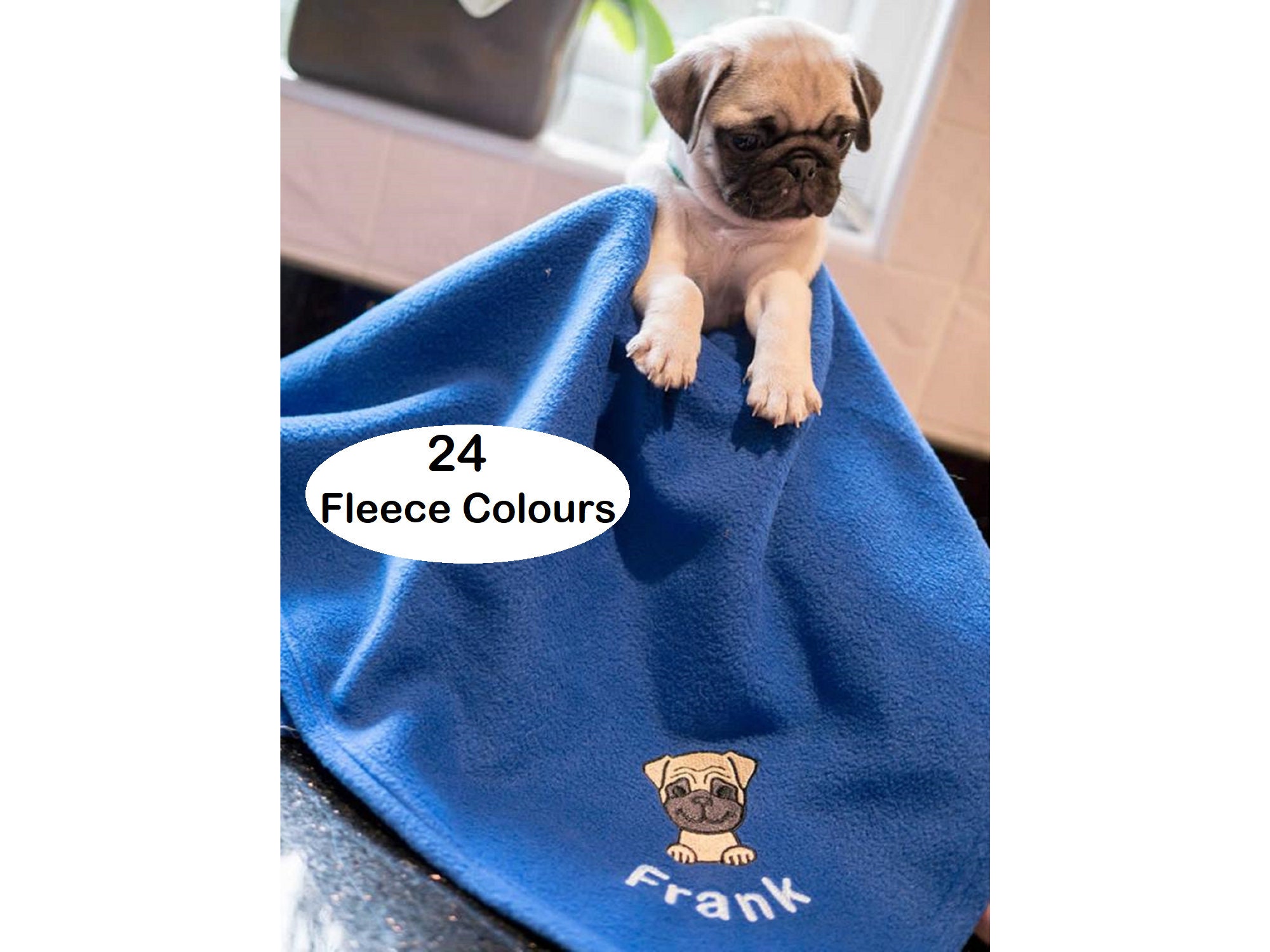 Custom Text Fleecy Cuddle Blanket Dog Pug Black Embroidery 70 7/8x51 3/16in 