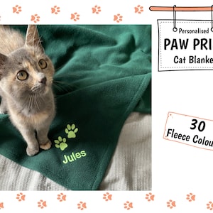PAW PRINT Personalised Embroidered Blanket, With Name And Paw Prints, Soft Fleece Pet Blanket, Cat Lover Gift, Dog Lover Gift, 30 Colours