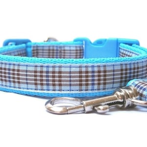 Blueberry Tartan Hundehalsband und Hundeleine, verstellbares Welpenhalsband, 5 Halsbandgrößen, 3 Leinenlängen, hellblau kariertes Hundehalsband und Hundeleine