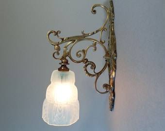 Antique Large French Wall Sconce, Solid Bronze Wall Light with a  White Molded Glass Lamp Shade
