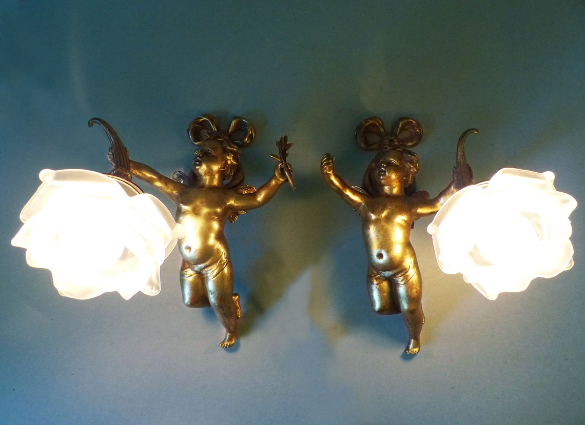French Flying Cherubs Pair Solid Bronze Cherub Wall Sconces | Etsy