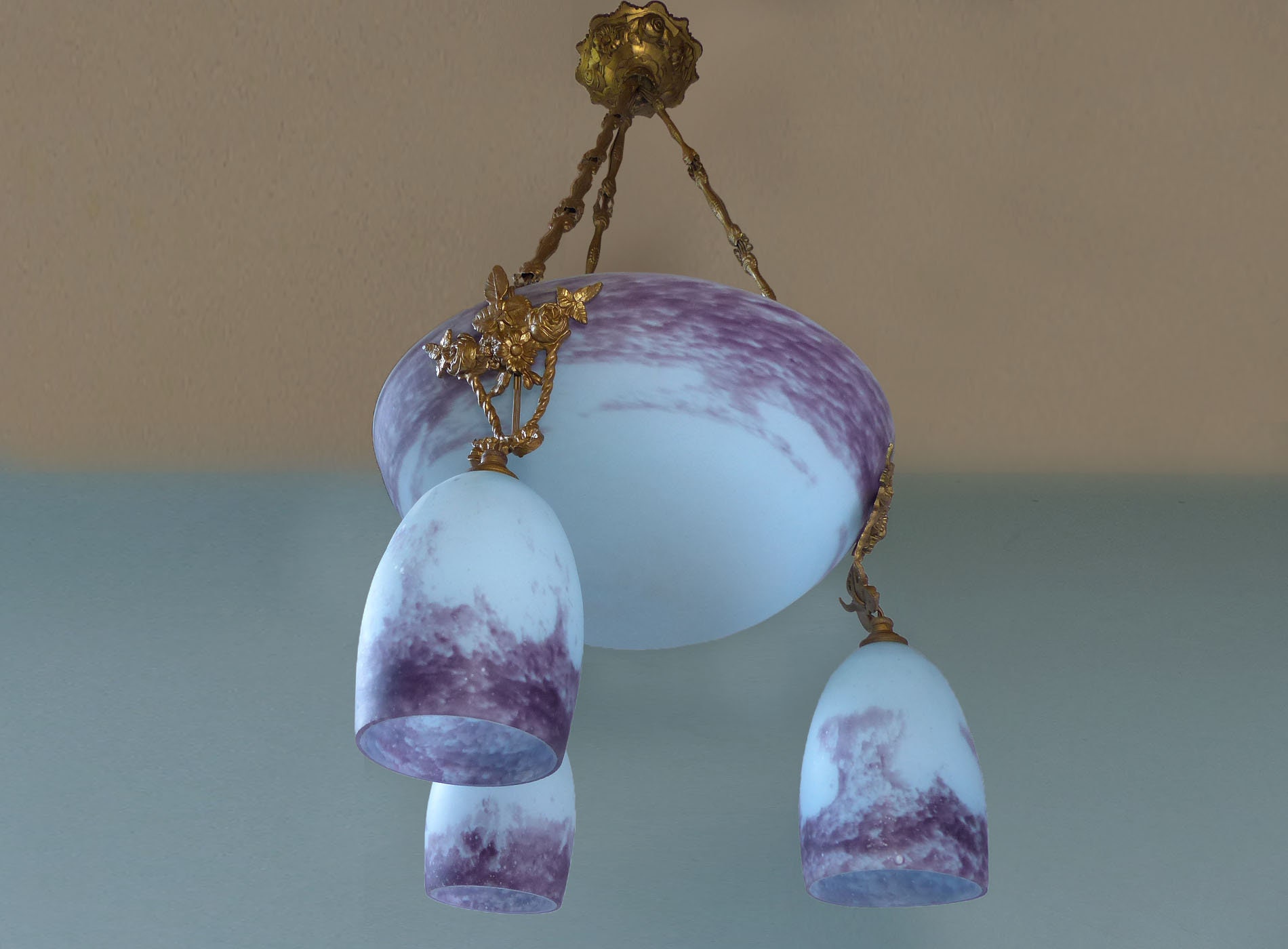 Plafonnier antique en pâte de verre bleu des années 1920 - Art déco français - Nouveau câblage refait