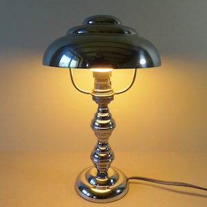Vintage French Art Deco Chromed Brass 1930s Muschroom Style Table  Lamp