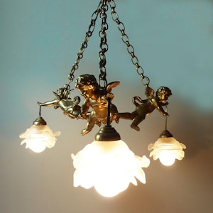French bronze 3 Cherubs Chandelier  Typical from Paris Apartment