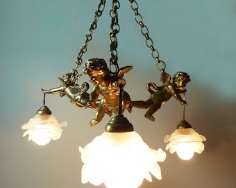 French bronze 3 Cherubs Chandelier  Typical from Paris Apartment